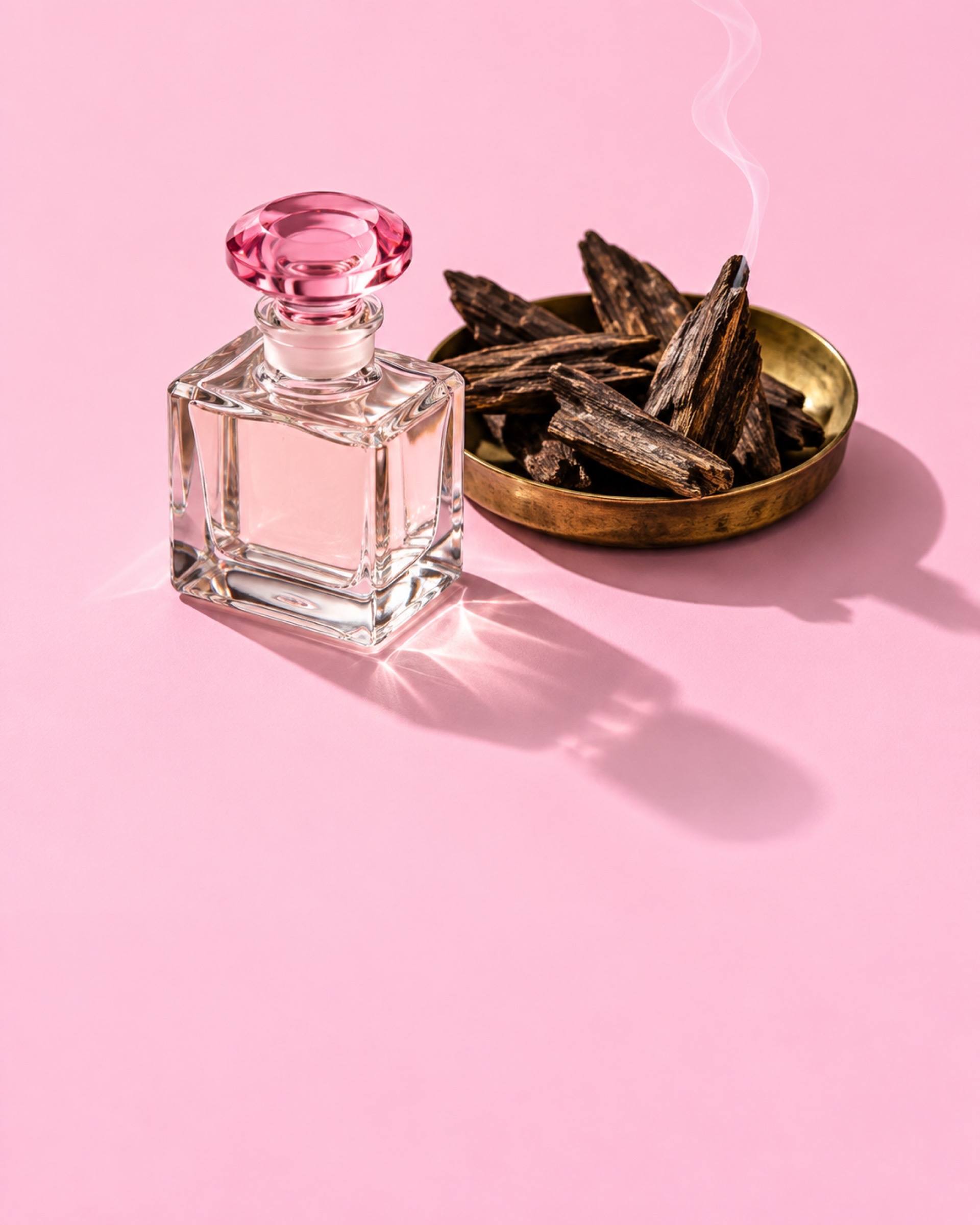 A glass perfume bottle with a pink stopper beside a brass dish of smoking oud